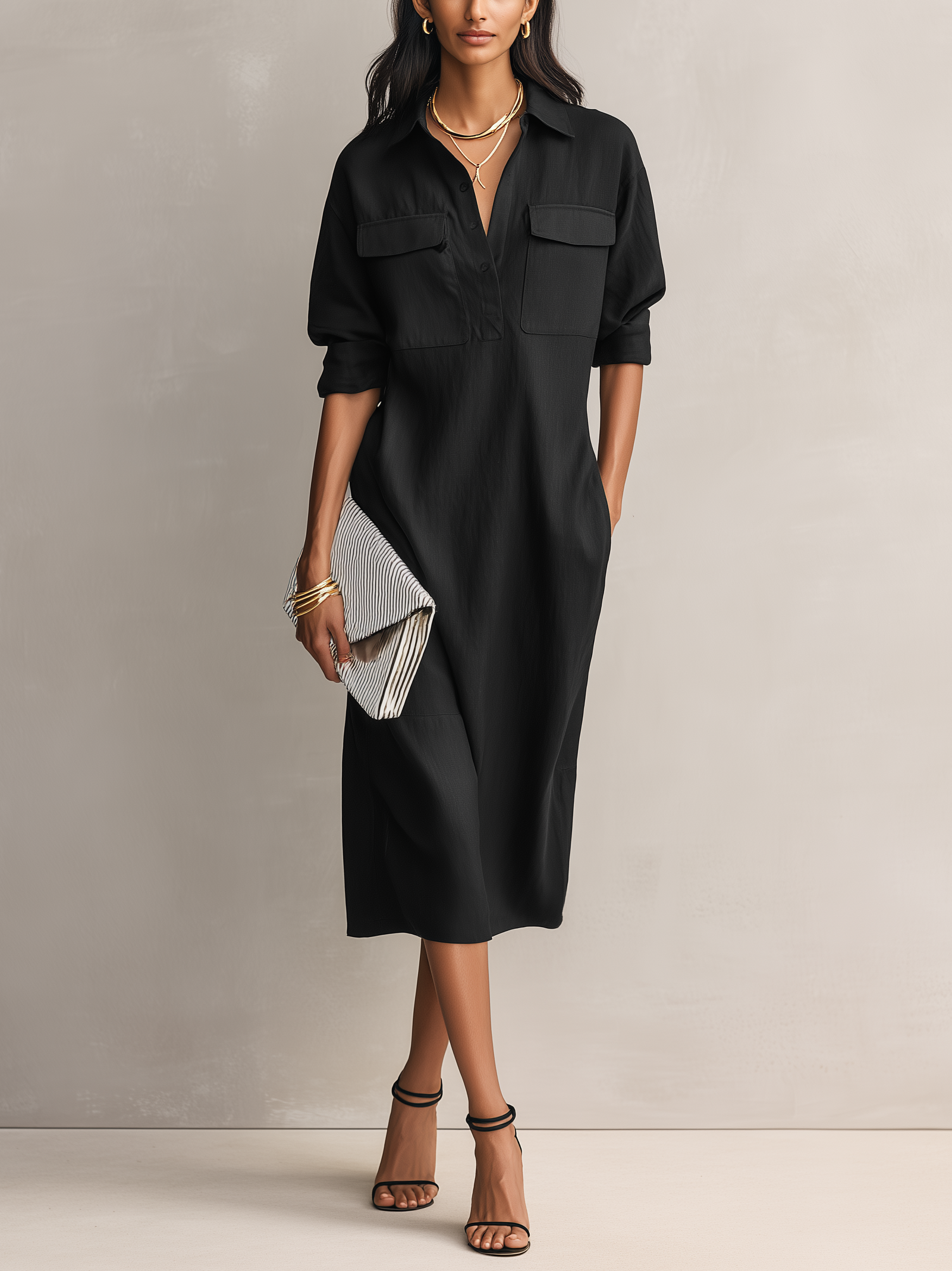 Black Cotton Linen Shirt Collar Midi Dress