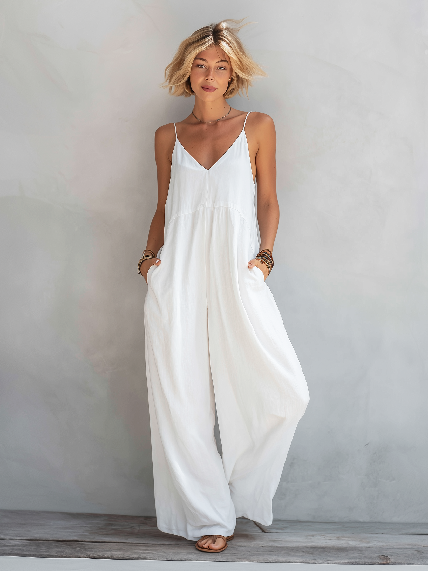 White Cotton Linen Sleeveless Loose Jumpsuit