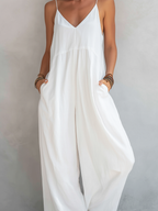 White Cotton Linen Sleeveless Loose Jumpsuit