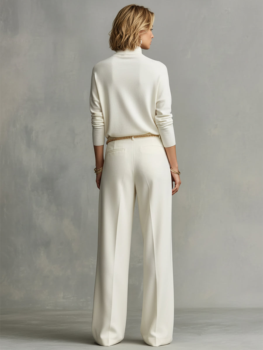 Cream Knit Turtleneck & Wide-Leg Pant Set