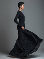 Women's Black Elegant Jersey Knit Ruched Maxi Dress MDA1541H1I