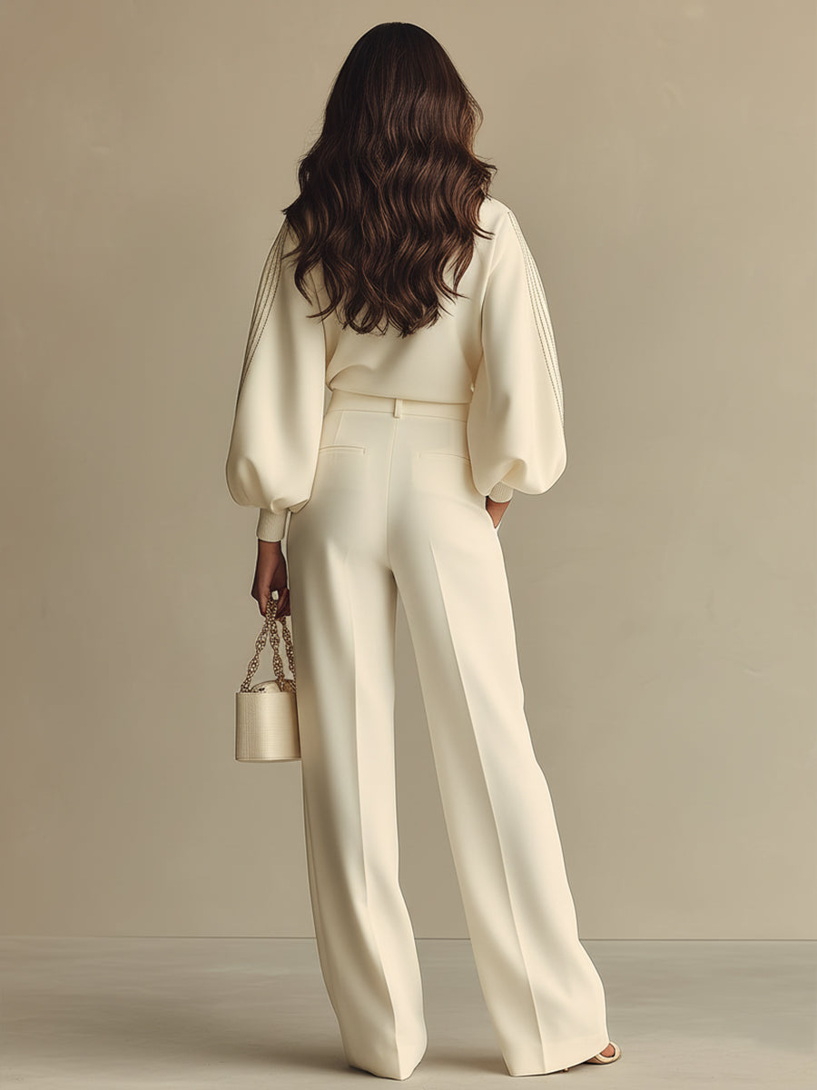 Ivory Ribbed Crew Neck & High-Waist Set