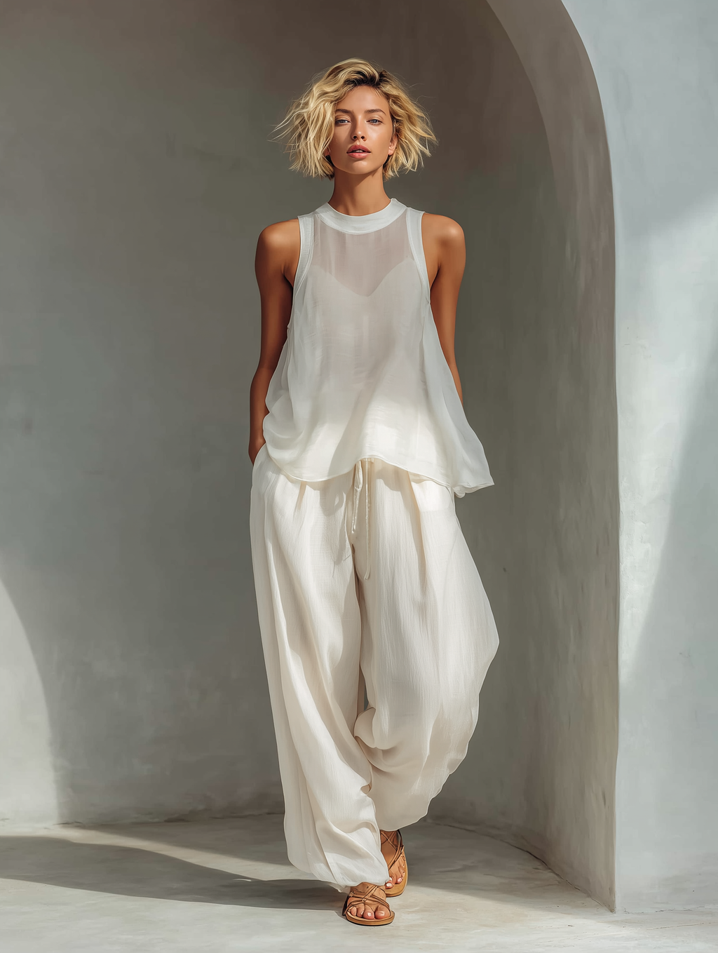 Cream Sheer Chiffon Top & Drawstring Wide-Leg Set
