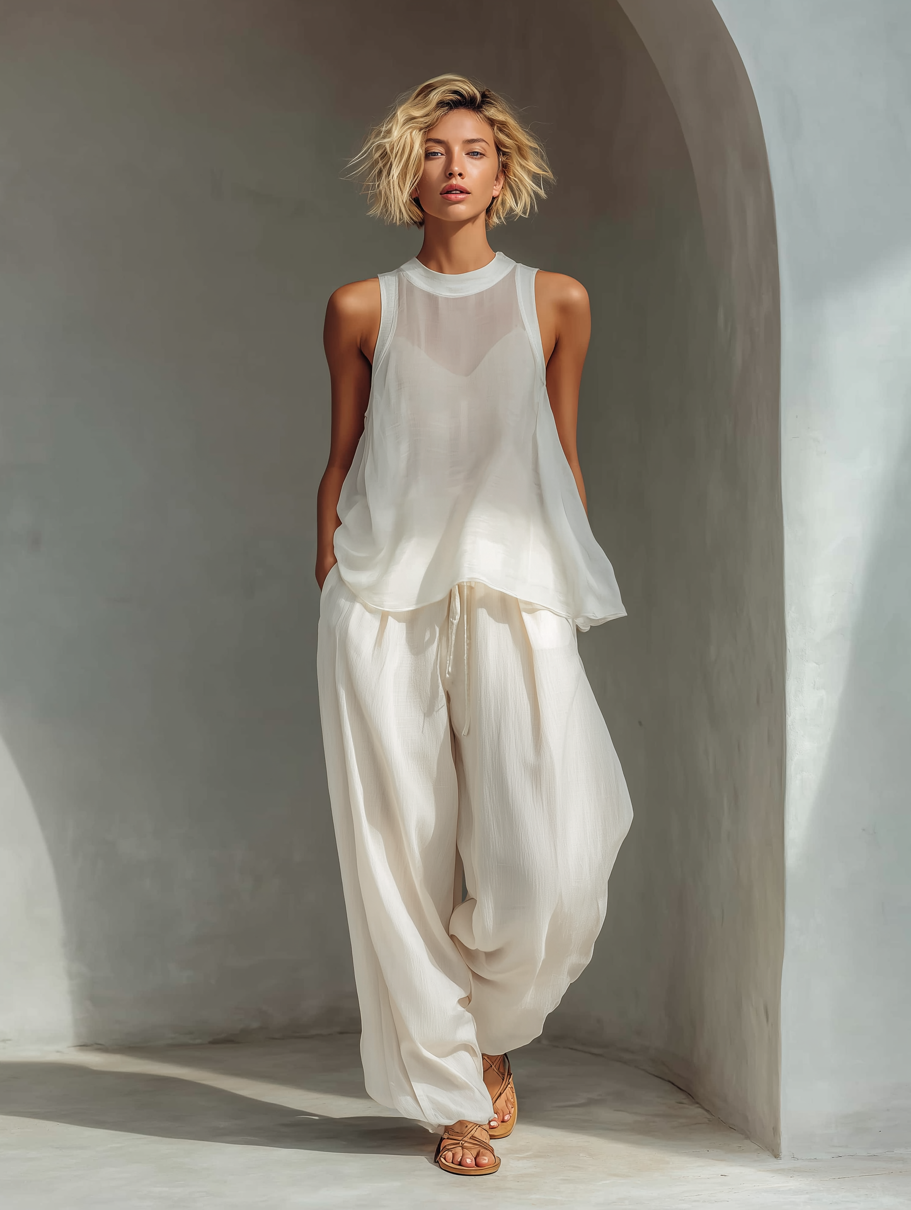 Cream Sheer Chiffon Top & Drawstring Wide-Leg Set