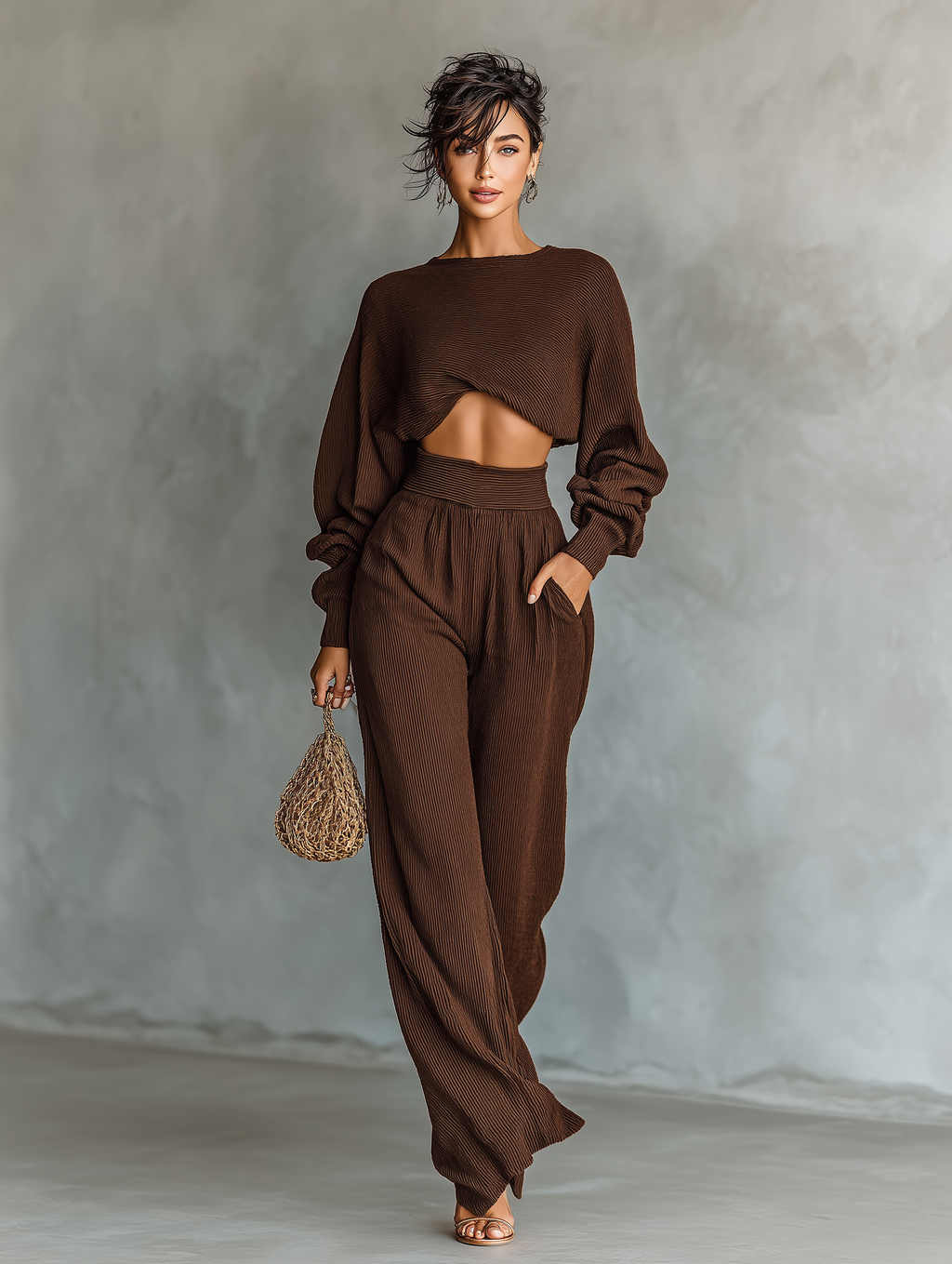 Coffee Knit Short Top & Wide-Leg Set