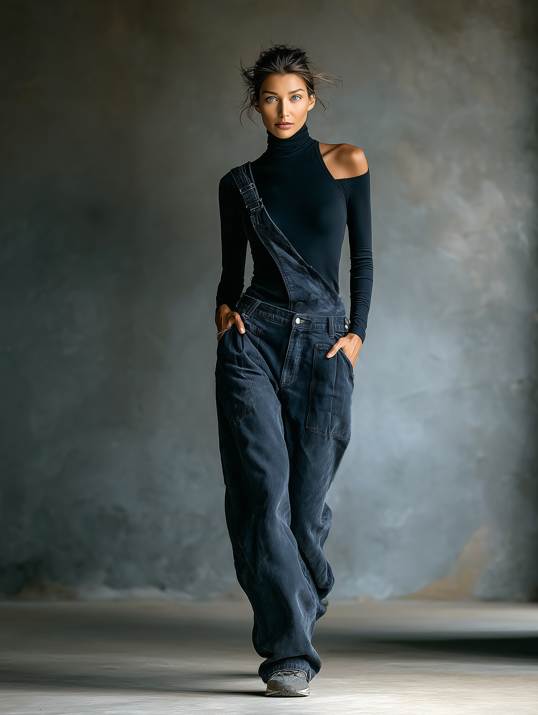 Blue-Black Ribbed Knit Cold-Shoulder Turtleneck Top