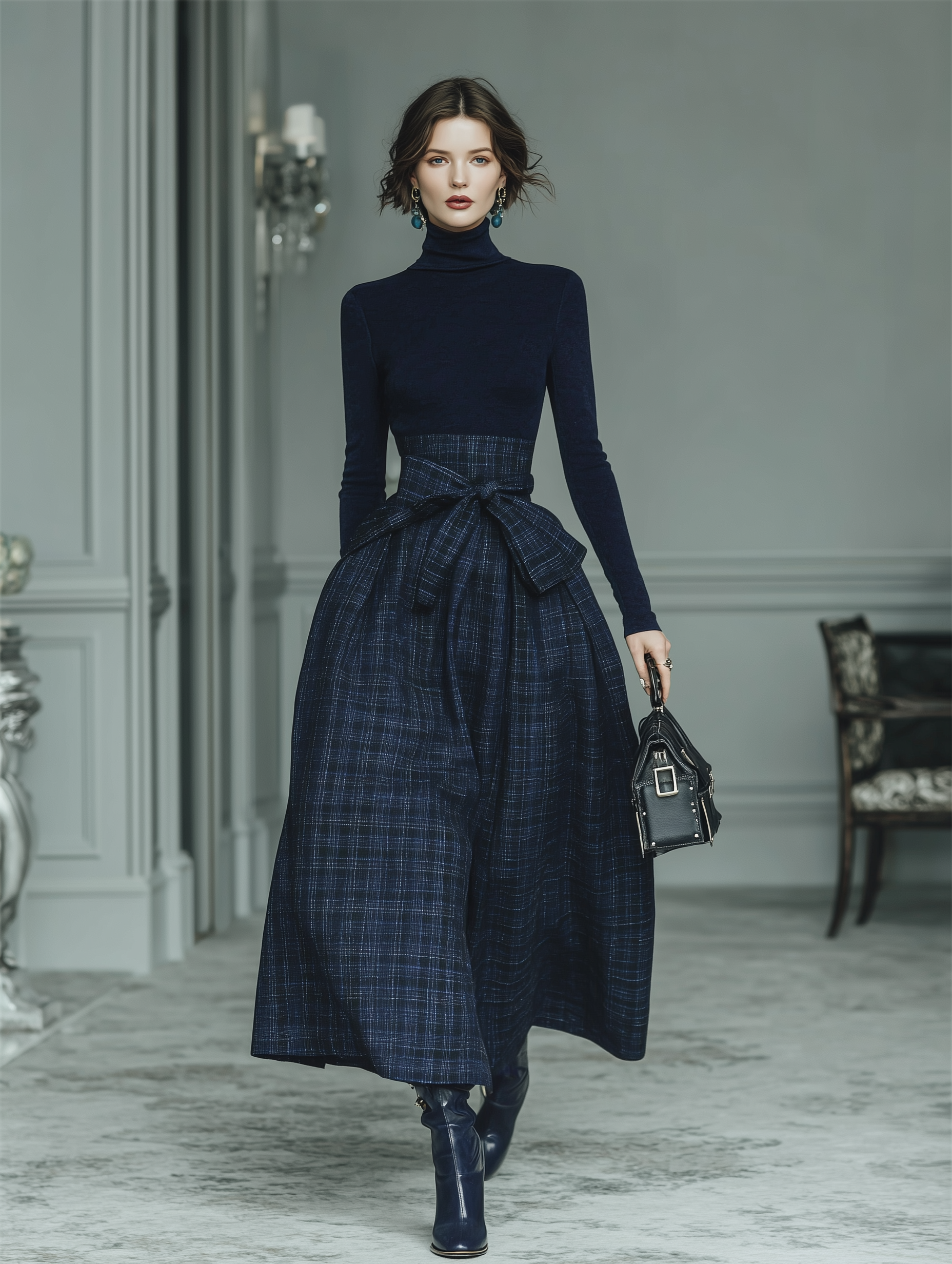 Navy Turtleneck Fitted Long-Sleeve Knit Top