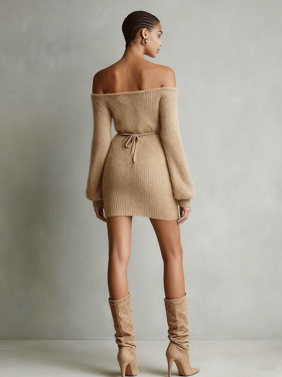 Camel Fuzzy Knit Off-Shoulder Belted Mini Dress