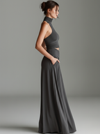 Charcoal Knit Halter Turtleneck Cutout Dress