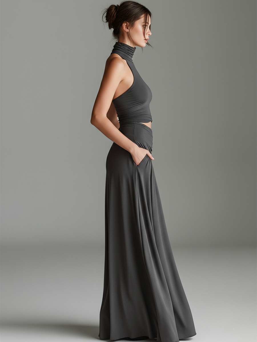 Charcoal Knit Halter Turtleneck Cutout Dress