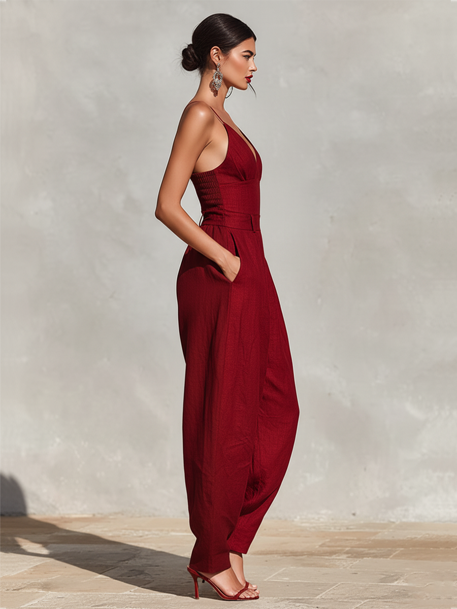 Red Linen Spaghetti Strap Pleated Jumpsuit