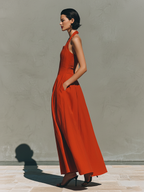 Women's Red Linen Maxi Dress With Halter Neck & Pleated Skirt, Timeless Elegant-Resort Style Dress MDZ2016C7I